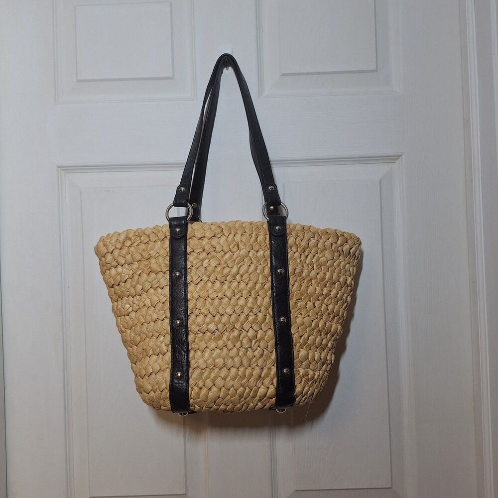 Woven Straw Shoulder Bag Black Faux Leather Straps Beachy Bohemian Natural